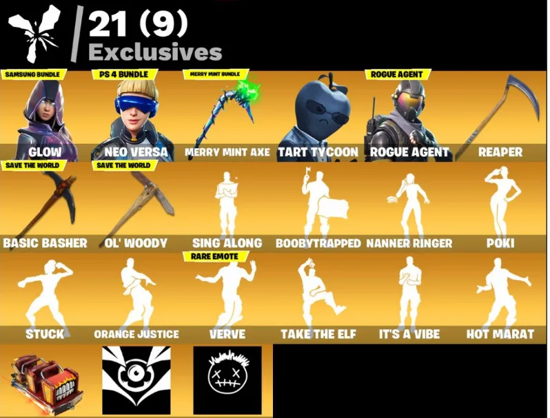 F970 103 Skins, Glow, Neo Versa, Tart Tycoon, Rogue Agent, Carbide, Hybrid, Luxe, Omegarok, Valeria, 117 Pickaxes, Rare Collection